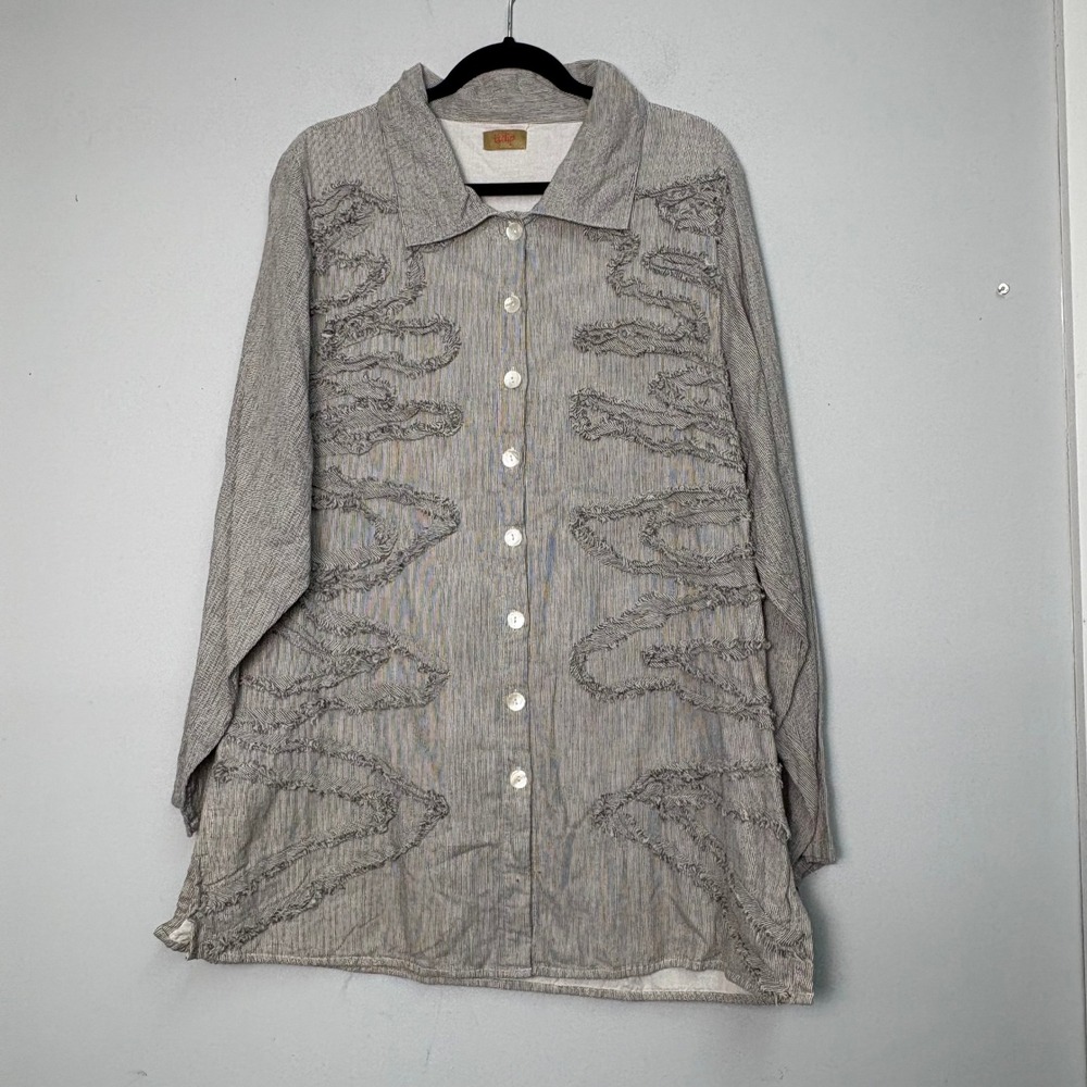 Tulip Gray White Pinstripe Cotton Button Up Tunic Shirt XL Raw Edge Applique